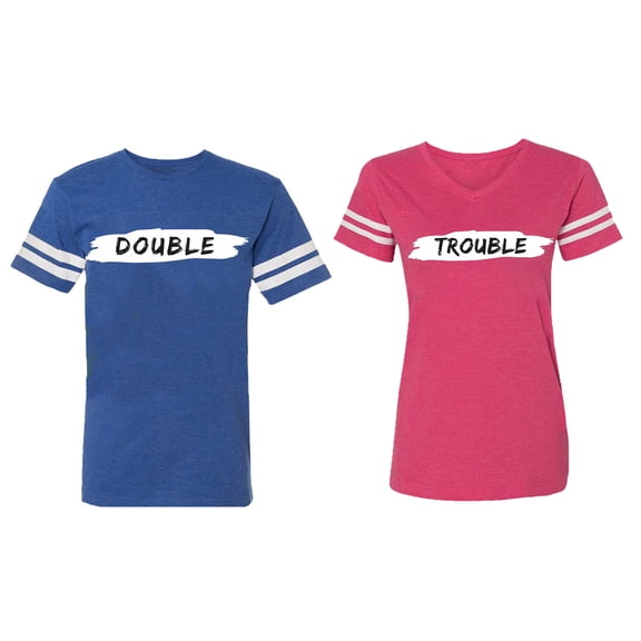 Double Trouble Matching Couple Cotton Jerseys (Men Royal / Women Pink) (Men M / Women XXL)