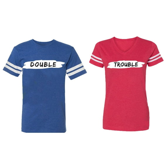 Double Trouble Matching Couple Cotton Jerseys (Men Royal / Women Red) (Men S / Women XXL)
