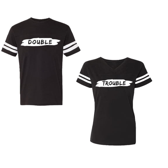 Double Trouble Unisex Couple Matching Cotton Jersey style T-Shirt Contrasting stripes on sleeves (Men Black / Women Black) (Men M / Women S)