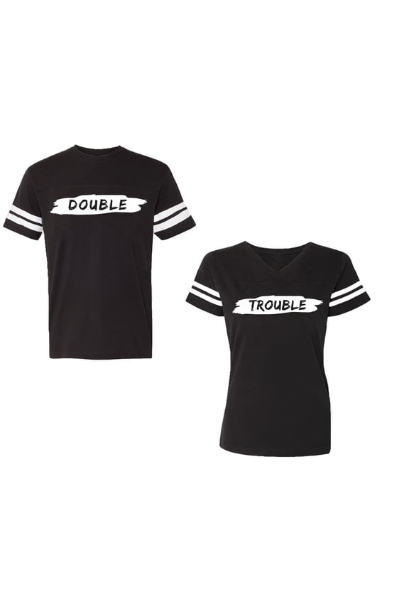 Double Trouble Unisex Couple Matching Cotton Jersey style T-Shirt Contrasting stripes on sleeves (Men Black / Women Black) (Men S / Women S)