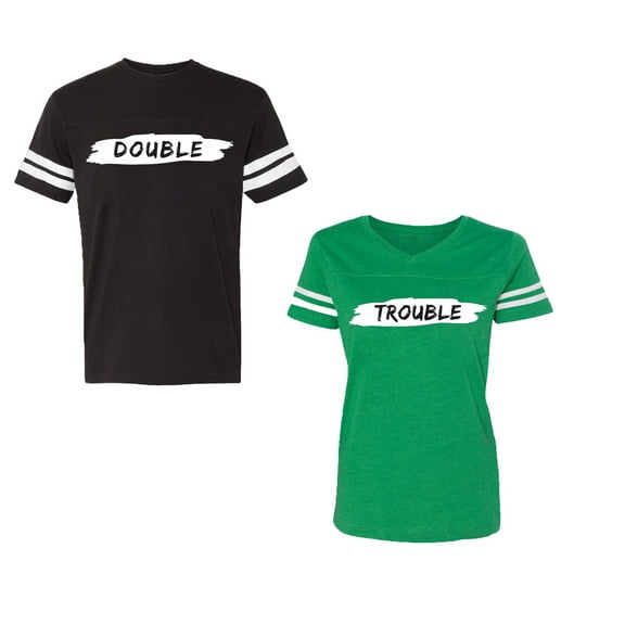 Double Trouble Unisex Couple Matching Cotton Jersey style T-Shirt Contrasting stripes on sleeves (Men Black / Women Green) (Men M / Women S)