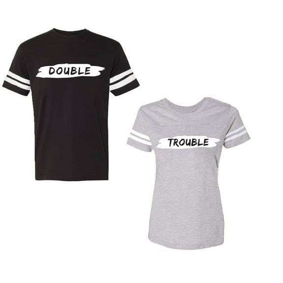 Double Trouble Unisex Couple Matching Cotton Jersey style T-Shirt Contrasting stripes on sleeves (Men Black / Women Heather) (Men XL / Women XXL)