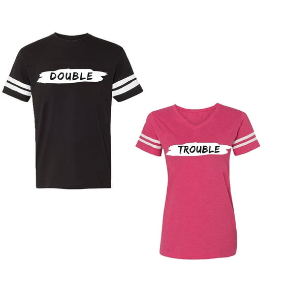 Double Trouble Unisex Couple Matching Cotton Jersey style T-Shirt Contrasting stripes on sleeves (Men Black / Women Pink) (Men XL / Women M)