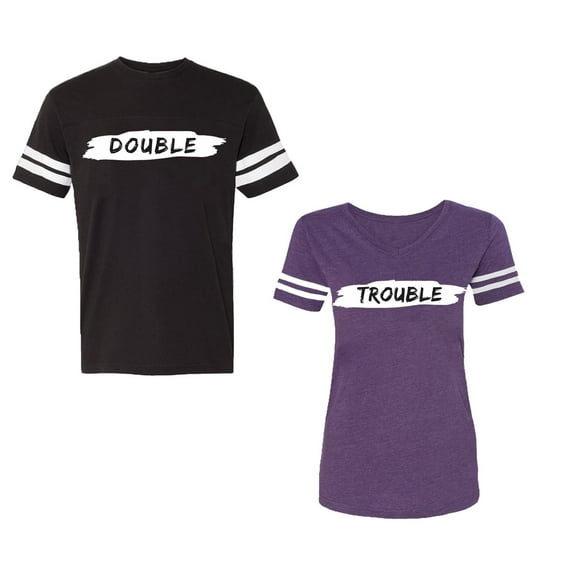 Double Trouble Unisex Couple Matching Cotton Jersey style T-Shirt Contrasting stripes on sleeves (Men Black / Women Purple) (Men L / Women L)