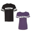 thumbnail image 1 of Double Trouble Unisex Couple Matching Cotton Jersey style T-Shirt Contrasting stripes on sleeves (Men Black / Women Purple) (Men S / Women S), 1 of 3