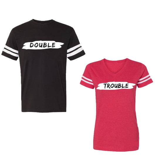 Double Trouble Unisex Couple Matching Cotton Jersey style T-Shirt Contrasting stripes on sleeves (Men Black / Women Red) (Men M / Women S)