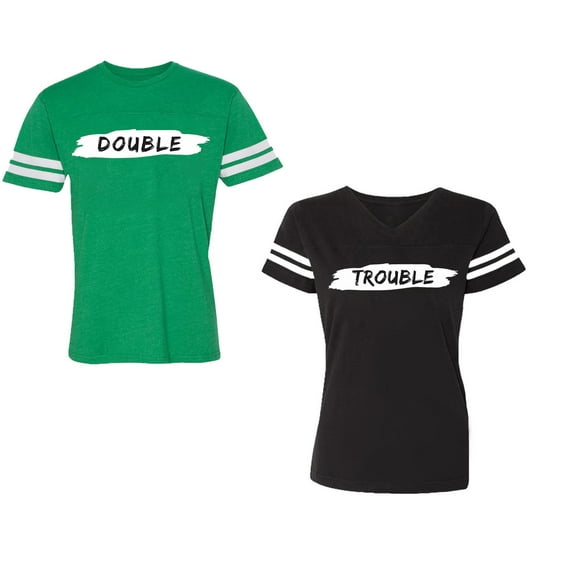Double Trouble Unisex Couple Matching Cotton Jersey style T-Shirt Contrasting stripes on sleeves (Men Green / Women Black) (Men S / Women S)