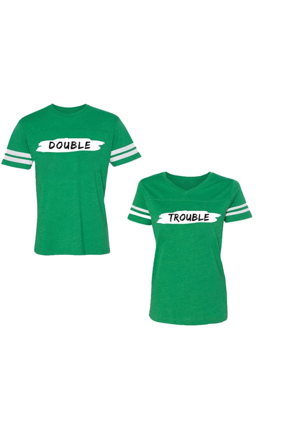 Double Trouble Unisex Couple Matching Cotton Jersey style T-Shirt Contrasting stripes on sleeves (Men Green / Women Green) (Men XL / Women L)