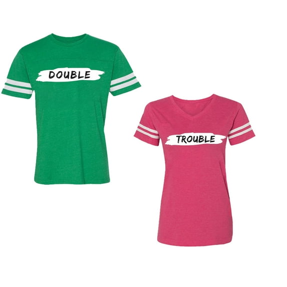 Double Trouble Unisex Couple Matching Cotton Jersey style T-Shirt Contrasting stripes on sleeves (Men Green / Women Pink) (Men L / Women XL)