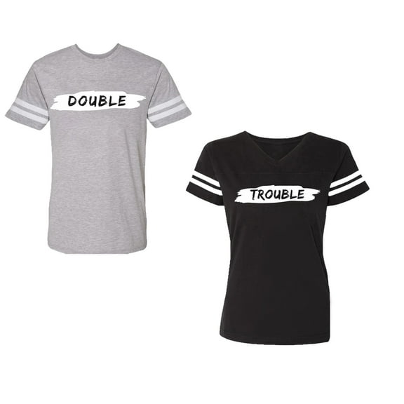 Double Trouble Unisex Couple Matching Cotton Jersey style T-Shirt Contrasting stripes on sleeves (Men Heather / Women Black) (Men S / Women L)