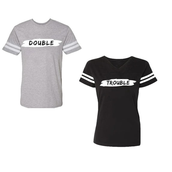 Double Trouble Unisex Couple Matching Cotton Jersey style T-Shirt Contrasting stripes on sleeves (Men Heather / Women Black) (Men S / Women S)