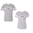 thumbnail image 1 of Double Trouble Unisex Couple Matching Cotton Jersey style T-Shirt Contrasting stripes on sleeves (Men Heather / Women Heather) (Men L / Women L), 1 of 3