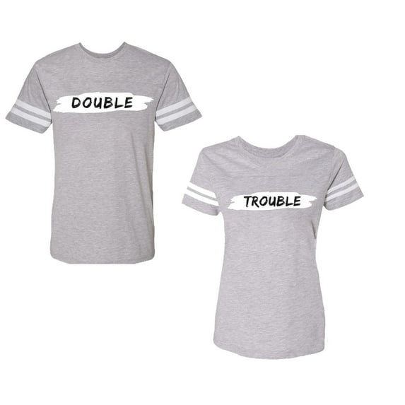 Double Trouble Unisex Couple Matching Cotton Jersey style T-Shirt Contrasting stripes on sleeves (Men Heather / Women Heather) (Men XL / Women XL)