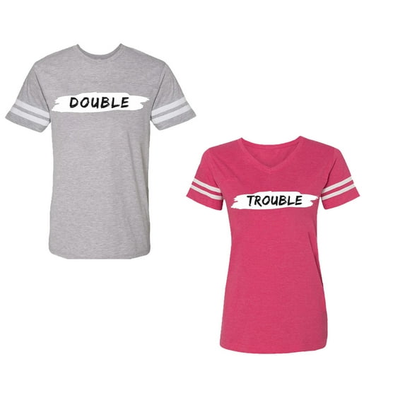 Double Trouble Unisex Couple Matching Cotton Jersey style T-Shirt Contrasting stripes on sleeves (Men Heather / Women Pink) (Men S / Women L)