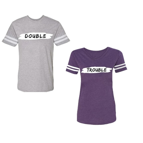 Double Trouble Unisex Couple Matching Cotton Jersey style T-Shirt Contrasting stripes on sleeves (Men Heather / Women Purple) (Men L / Women M)