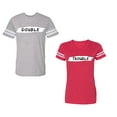 thumbnail image 1 of Double Trouble Unisex Couple Matching Cotton Jersey style T-Shirt Contrasting stripes on sleeves (Men Heather / Women Red) (Men S / Women XXL), 1 of 3