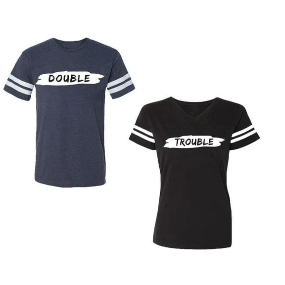 Double Trouble Unisex Couple Matching Cotton Jersey style T-Shirt Contrasting stripes on sleeves (Men Navy / Women Black) (Men S / Women S)