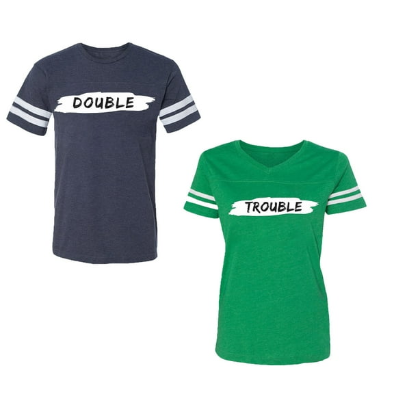 Double Trouble Unisex Couple Matching Cotton Jersey style T-Shirt Contrasting stripes on sleeves (Men Navy / Women Green) (Men XXL / Women M)