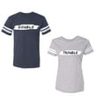 thumbnail image 1 of Double Trouble Unisex Couple Matching Cotton Jersey style T-Shirt Contrasting stripes on sleeves (Men Navy / Women Heather) (Men M / Women L), 1 of 3