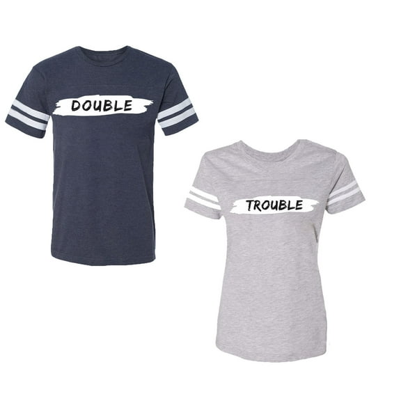 Double Trouble Unisex Couple Matching Cotton Jersey style T-Shirt Contrasting stripes on sleeves (Men Navy / Women Heather) (Men M / Women XXL)