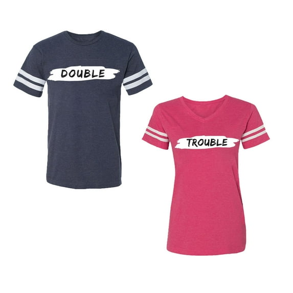 Double Trouble Unisex Couple Matching Cotton Jersey style T-Shirt Contrasting stripes on sleeves (Men Navy / Women Pink) (Men S / Women S)