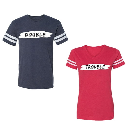 Double Trouble Unisex Couple Matching Cotton Jersey style T-Shirt Contrasting stripes on sleeves (Men Navy / Women Red) (Men M / Women S)
