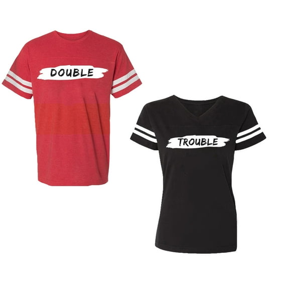 Double Trouble Unisex Couple Matching Cotton Jersey style T-Shirt Contrasting stripes on sleeves (Men Red / Women Black) (Men S / Women S)