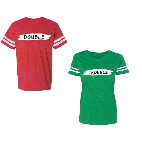 Double Trouble Unisex Couple Matching Cotton Jersey style T-Shirt Contrasting stripes on sleeves (Men Red / Women Green) (Men XL / Women S)