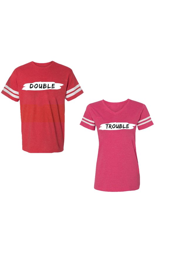 Double Trouble Unisex Couple Matching Cotton Jersey style T-Shirt Contrasting stripes on sleeves (Men Red / Women Pink) (Men L / Women XXL)