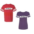 thumbnail image 1 of Double Trouble Unisex Couple Matching Cotton Jersey style T-Shirt Contrasting stripes on sleeves (Men Red / Women Purple) (Men M / Women M), 1 of 3