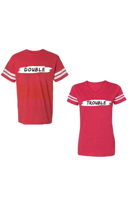 Double Trouble Unisex Couple Matching Cotton Jersey style T-Shirt Contrasting stripes on sleeves (Men Red / Women Red) (Men M / Women M)