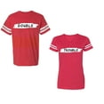 thumbnail image 1 of Double Trouble Unisex Couple Matching Cotton Jersey style T-Shirt Contrasting stripes on sleeves (Men Red / Women Red) (Men XL / Women L), 1 of 3