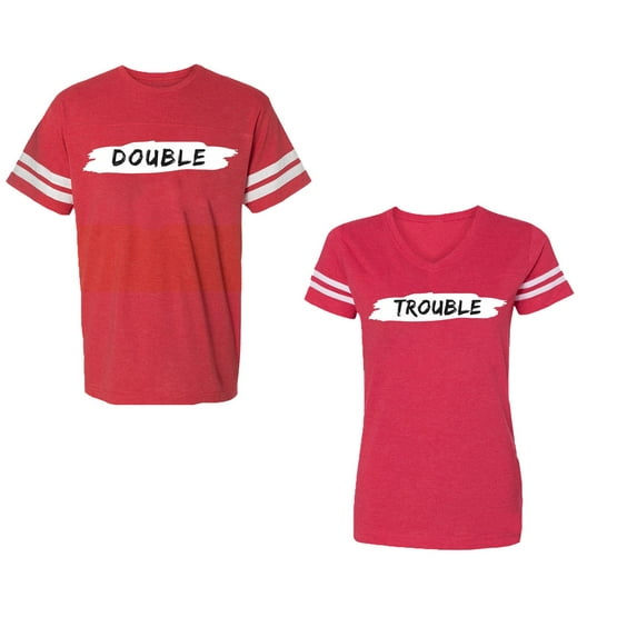 Double Trouble Unisex Couple Matching Cotton Jersey style T-Shirt Contrasting stripes on sleeves (Men Red / Women Red) (Men XXL / Women L)