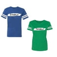 thumbnail image 1 of Double Trouble Unisex Couple Matching Cotton Jersey style T-Shirt Contrasting stripes on sleeves (Men Royal / Women Green) (Men L / Women M), 1 of 3