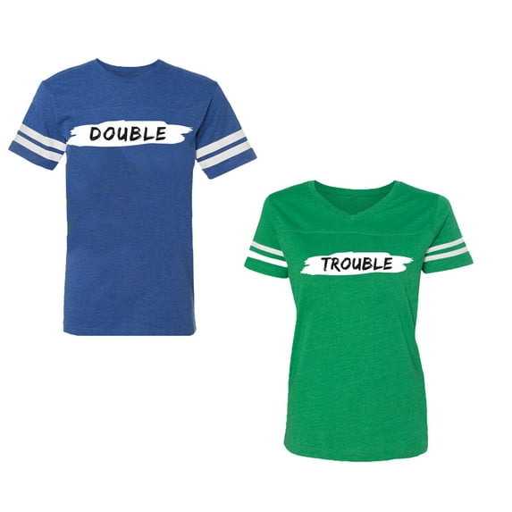 Double Trouble Unisex Couple Matching Cotton Jersey style T-Shirt Contrasting stripes on sleeves (Men Royal / Women Green) (Men L / Women M)