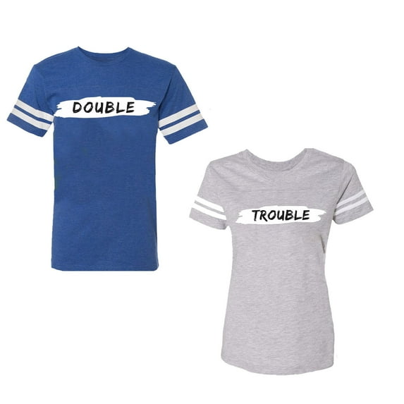 Double Trouble Unisex Couple Matching Cotton Jersey style T-Shirt Contrasting stripes on sleeves (Men Royal / Women Heather) (Men S / Women L)