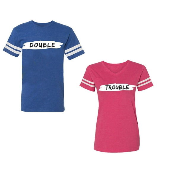 Double Trouble Unisex Couple Matching Cotton Jersey style T-Shirt Contrasting stripes on sleeves (Men Royal / Women Pink) (Men S / Women XXL)