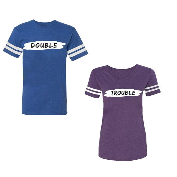 Double Trouble Unisex Couple Matching Cotton Jersey style T-Shirt Contrasting stripes on sleeves (Men Royal / Women Purple) (Men XL / Women S)