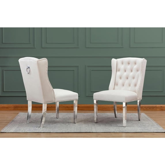 Double Tufted Cream Velvet Side Chairs with Silver Stainless Steel Legs