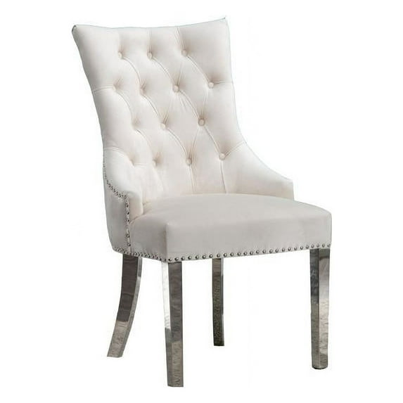 Double Tufted Cream Velvet Side Chairs with Silver Stainless Steel Legs