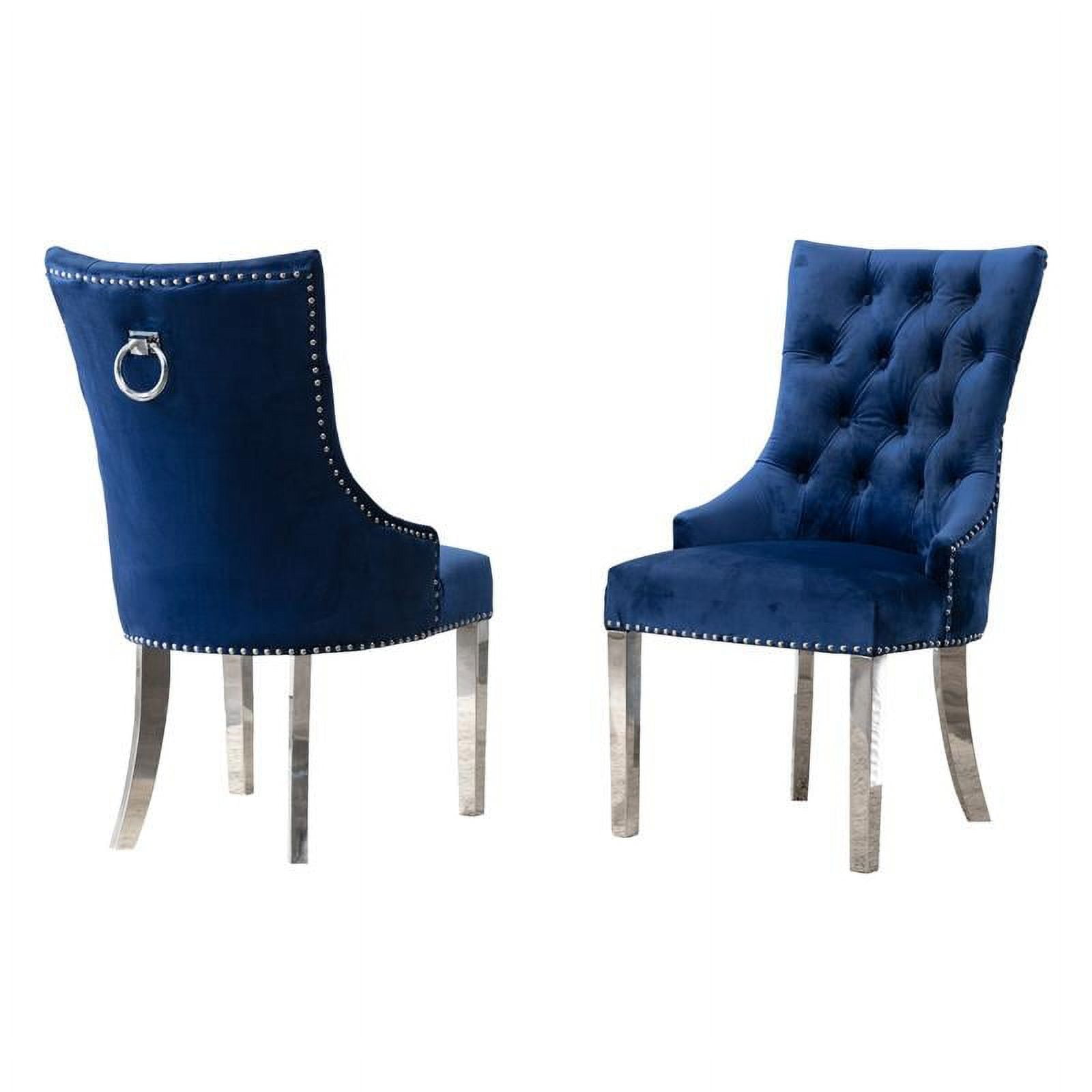 Double Tufted Navy Blue Velvet Side Chairs with Silver Stainless Steel