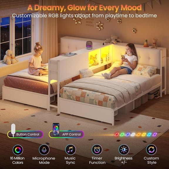 Double Twin Bed Frame for 2, Metal Corner Bed Frame with Storage Bookcase Divider & LED Lights & Charging Station, Daybed with Headboard and 2 Drawers, Twin Size Platform Beds for Teens, White