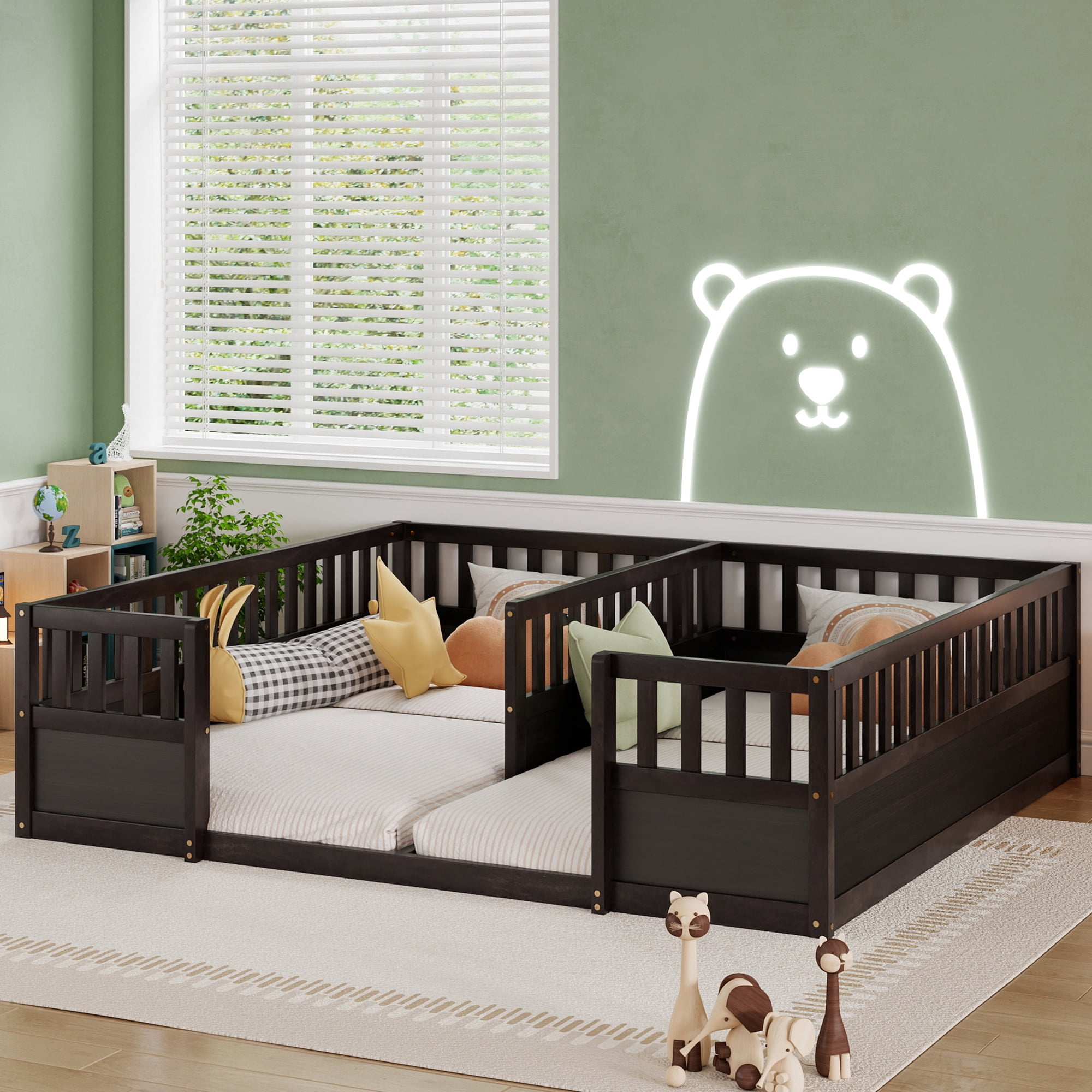Double Twin Floor Bed 81.2 Inch, Pine Wood Bed Frame with Semi Enclosed Guardrails for Two Kids, Espresso