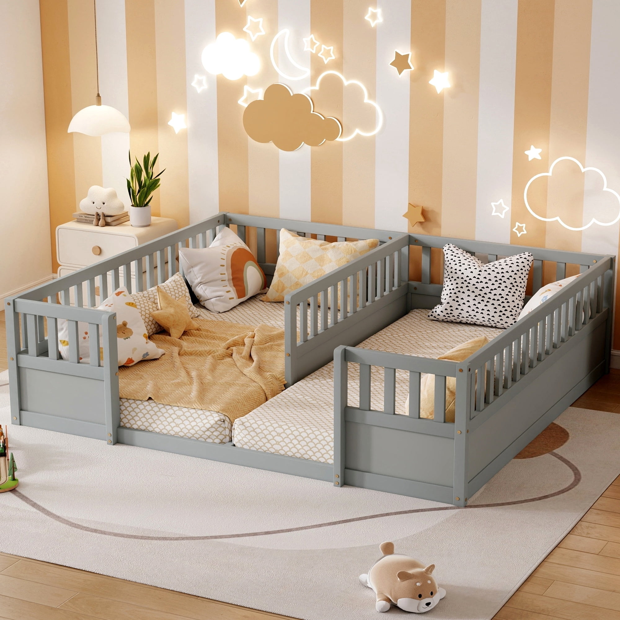 Double Twin Floor Bed 81.2 Inch, Pine Wood Bed Frame with Semi Enclosed Guardrails for Two Kids, Grey