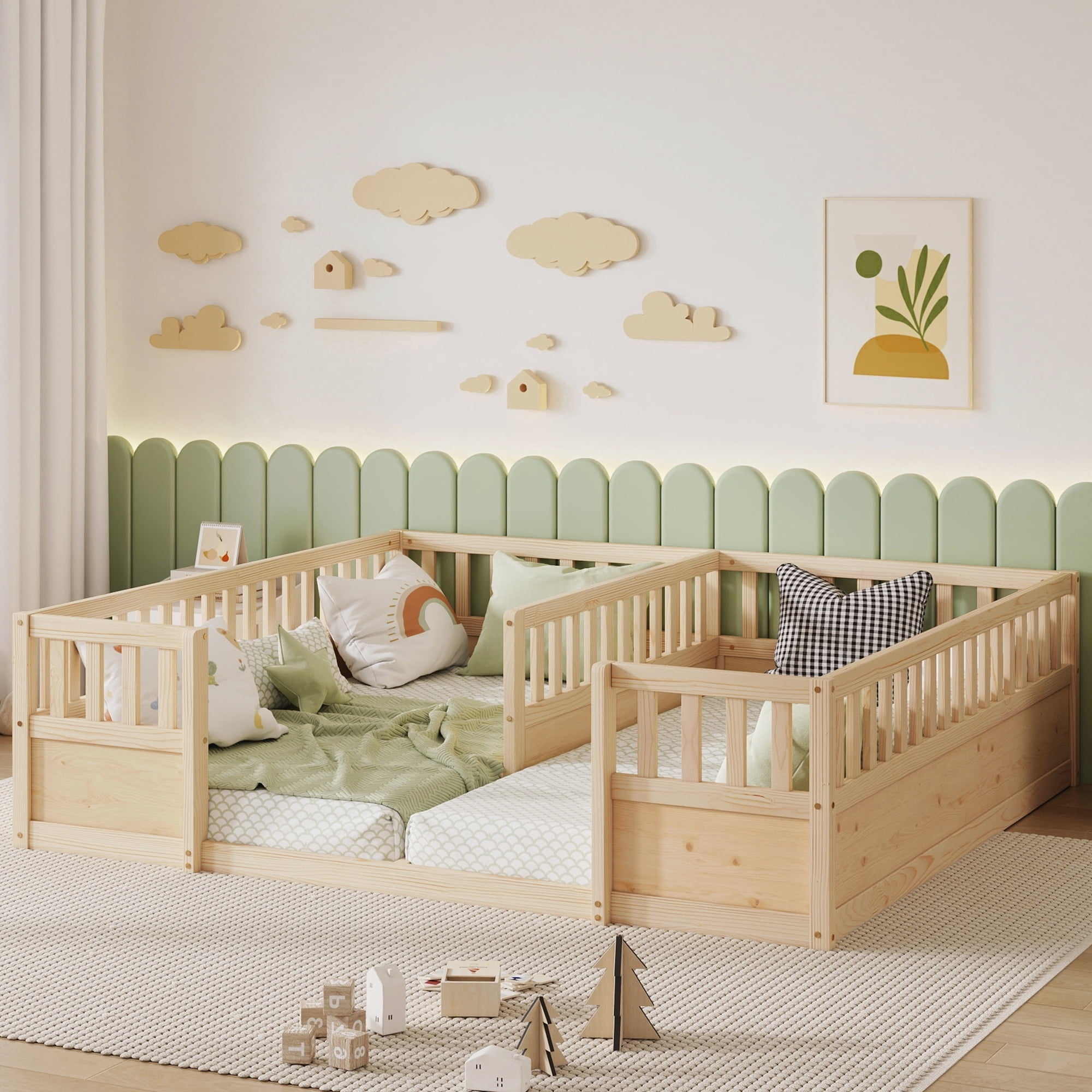 Double Twin Floor Bed 81.2 Inch, Pine Wood Bed Frame with Semi Enclosed Guardrails for Two Kids, Natural