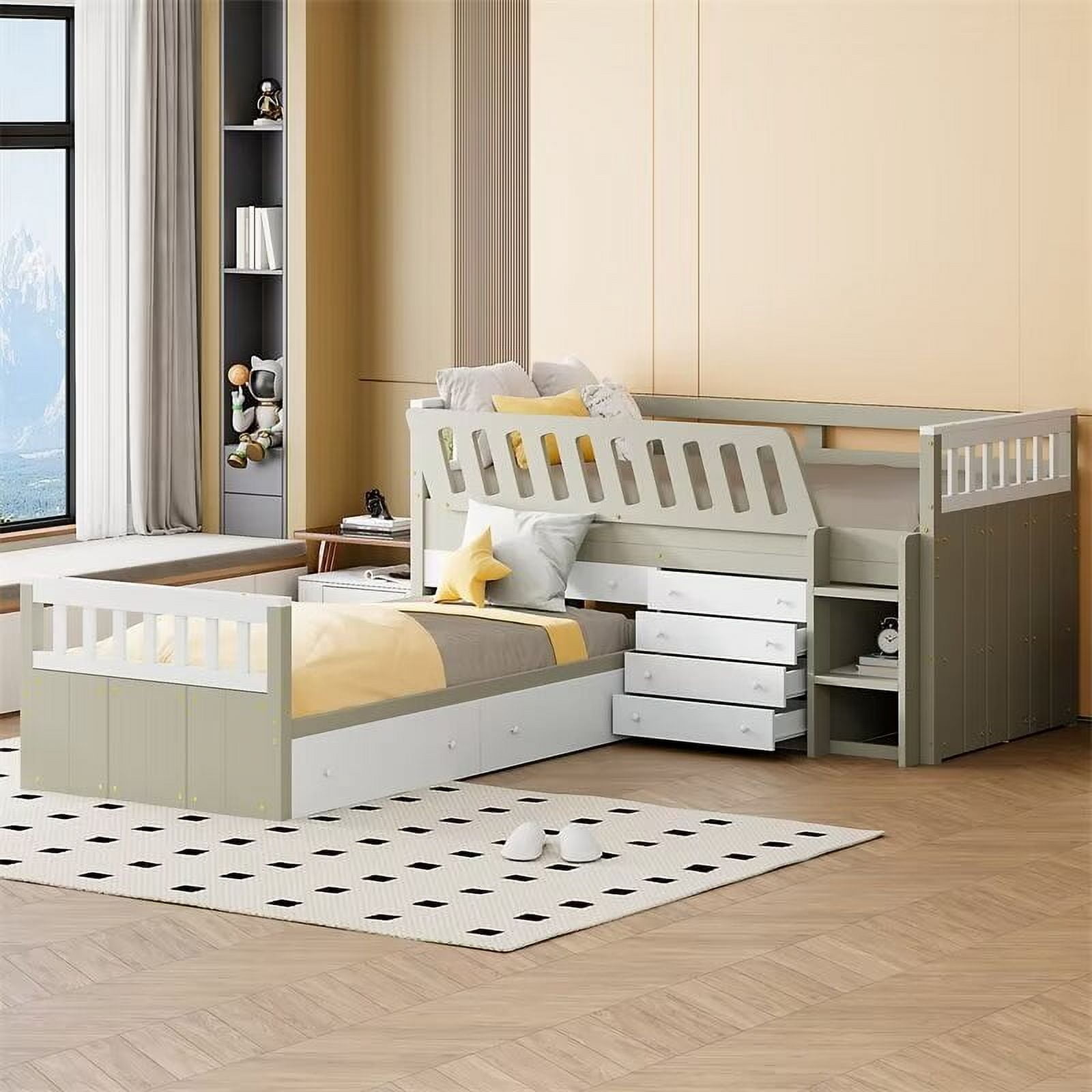 Double Twin Floor Bed for Kids Toddlers, Space-Saving Twin Loft and Twin Platform Bed with 7 ...