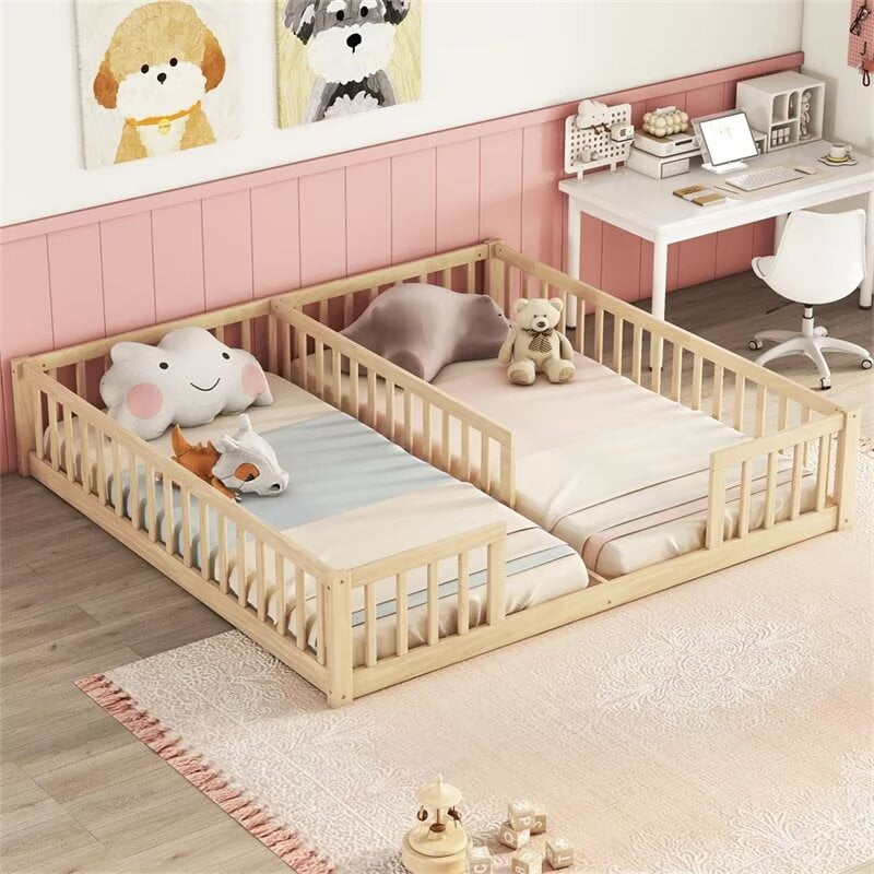 Wooden Montessori Twin Floor Bed for Kids, Low Design with ...
