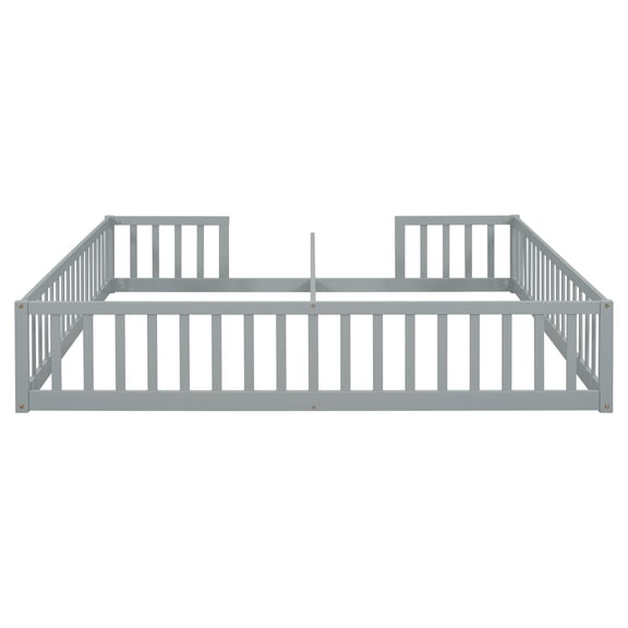 Double Twin Floor Bed With Fence In Grey - Easy Assembly Without Door & Functional Element