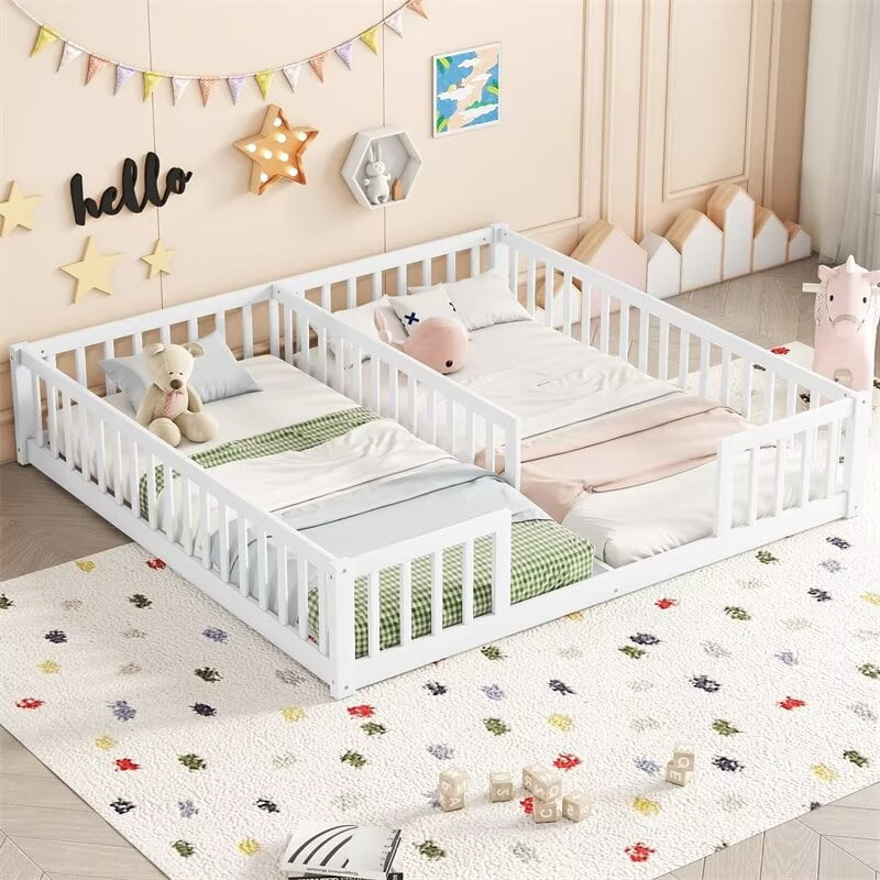 Twin Floor Bed for Kids, Wooden Montessori Frame with Guardrails ...