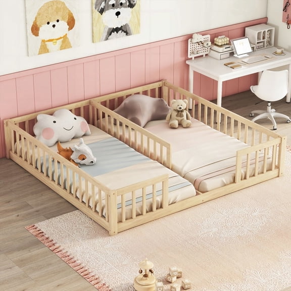 Double Twin Floor Bed with Fence & Guardrails, No Door, Natural Design for Two